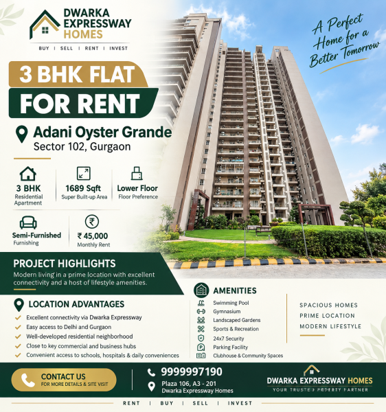 3 bhk for rent Adani Oyester Grande 